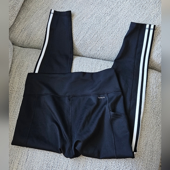Adidas Womens Black Leggings with White Stripes - Picture 2 of 2